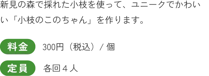 新見の森で採れた小枝を使って、ユニークでかわいい「小枝のこのちゃん」を作ります。
