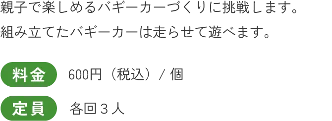 親子で楽しめるバギーカーづくりに挑戦します。組み立てたバギーカーは走らせて遊べます。